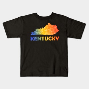 Colorful mandala art map of Kentucky with text in blue, yellow, and red Kids T-Shirt